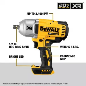 DEWALT 20V MAX XR 1/2&quot; High Torque Impact Wrench, Cordless, Detent Anvil, Tool Only (DCF899B) 